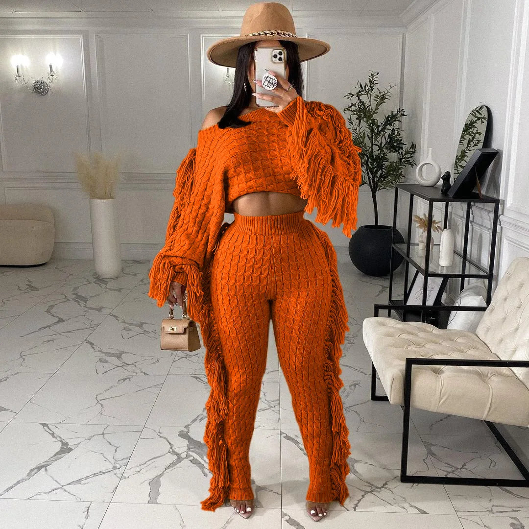 Women Sweater Knitted Pants Suit Knitting 2 Piece Set Pullover Top Trousers Ensemble Tassels Knitwear Outfits 2025 Autumn Winter