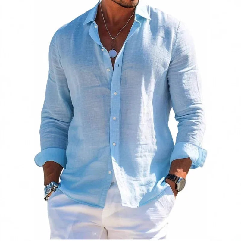 Men's Linen Button Down Shirt Casual Long Sleeve Lapel Solid Loose Shirt Tops New 2026 Spring Summer Men Beach Vacation Shirts