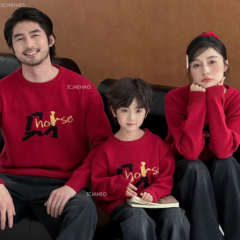 New Year Knitwear Family Set for 3-4 People Celebration Outfit Kids Red Fortune Design Lucky Pattern Sweater Jeans Warm Winter