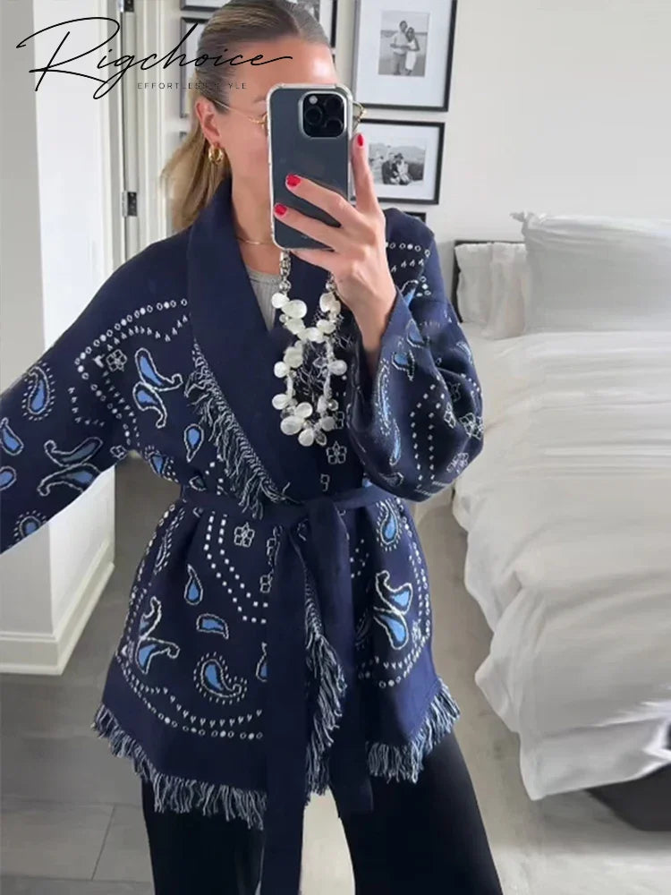 Tassel Patchwork Printed Cardigan Women Geometric Patterns Belts V-neck Long Sleeve Knitted Street Lady Sweater 2025 Autumn Coat