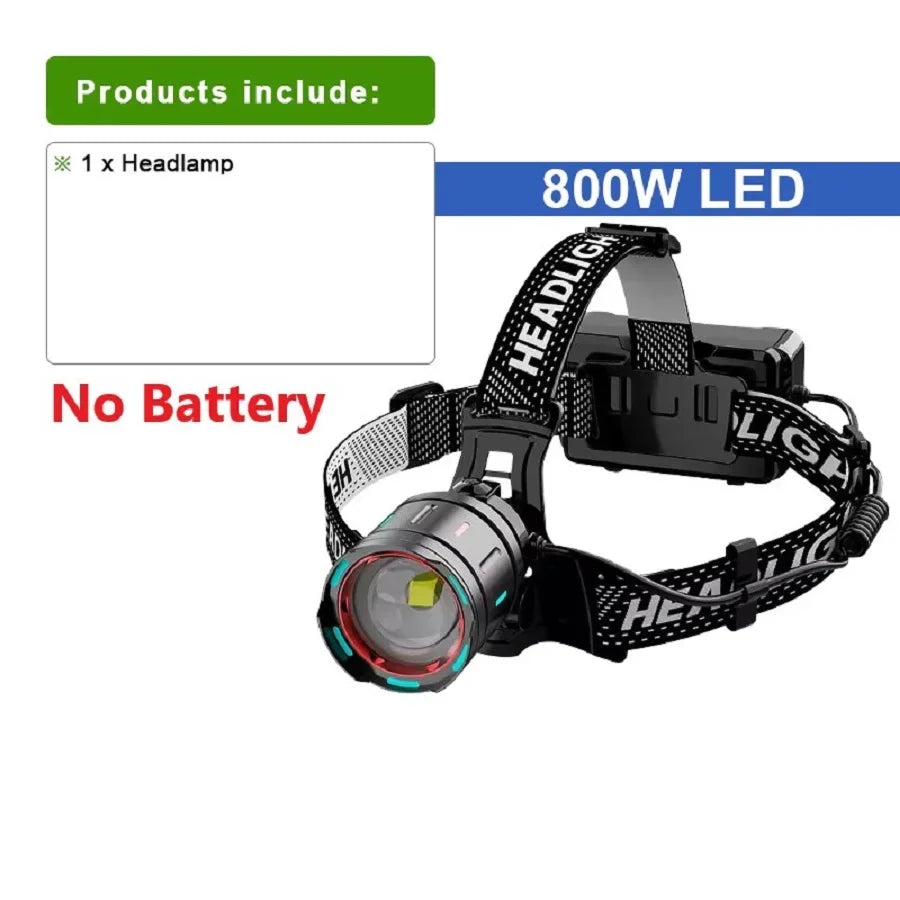 2025 New High Powerful 800W LED Headlight 10000000LM Super Bright Zoom Waterproof Headlamp Outdoor Camping Work Hunting Lantern