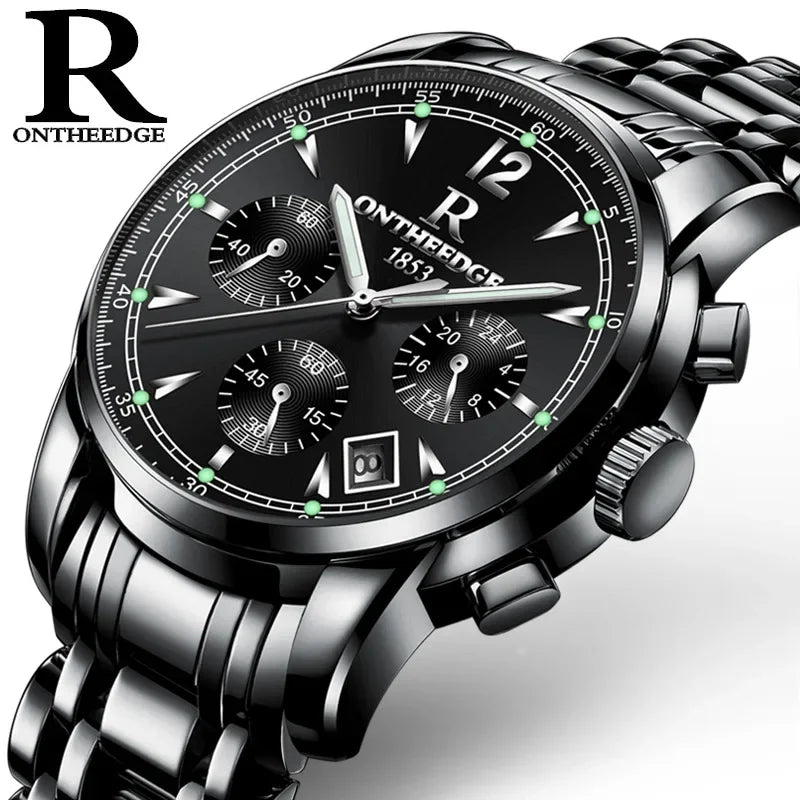 ONTHEEDGE Mens Watches Top Brand Luxury Business Quartz Watch Men All Steel Blue Face Waterproof Chronograph Relogio Masculino