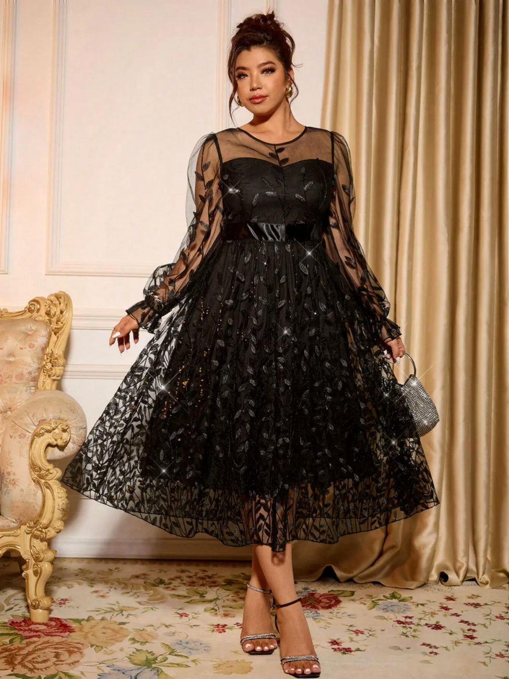 Sophisticated Dinner Dress With Sheer Sleeves And Sparkling Details For