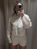Knit Hollow Out 2 Piece Sets Woman Outfit Elegant Crochet Single-breasted Lapel Top High Waist Shorts Lady Suit Commuting J5VX