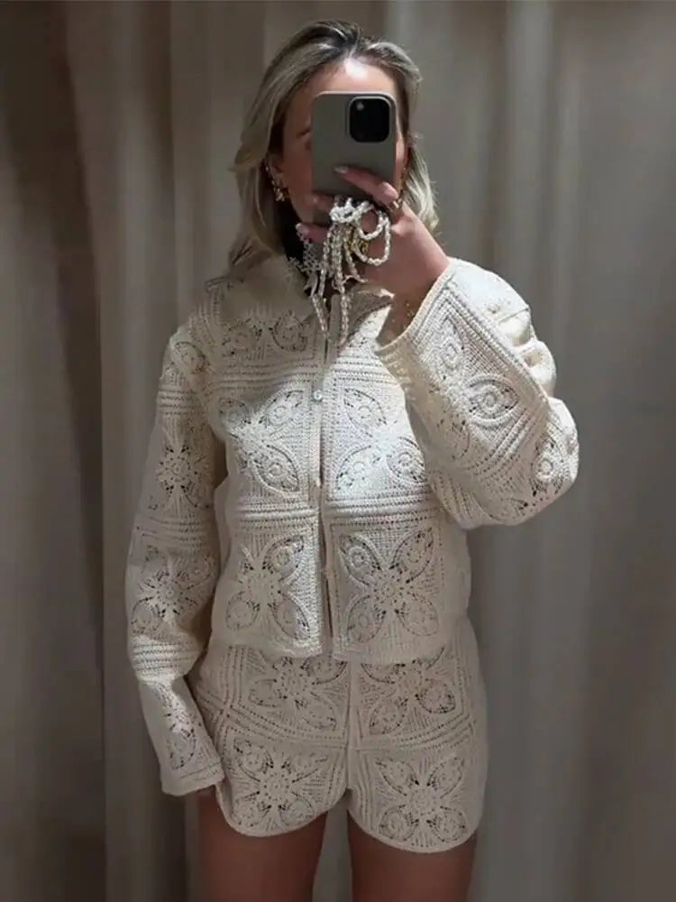 Knit Hollow Out 2 Piece Sets Woman Outfit Elegant Crochet Single-breasted Lapel Top High Waist Shorts Lady Suit Commuting J5VX