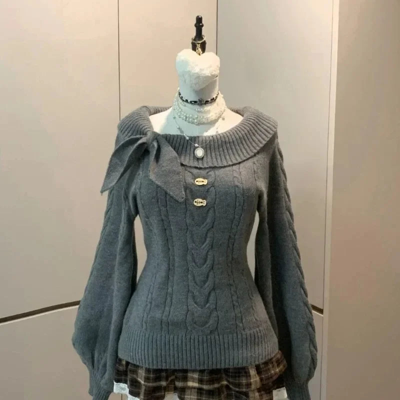 Sweet Daily Streetwear Japanese Women Slim Fit Off Shoulder Knit Jumper