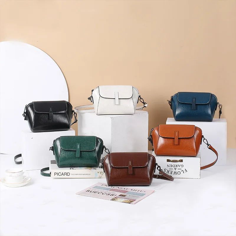 Oil Wax Cowhide Leather Cross Body Small Bag for Women Fashionable and Versatile Shoulder Shell Hand Bag Ladies Casual Phone Bag