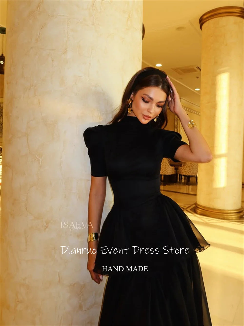 Dianruo Black Evening Dresses High Neckline Chiffon Party Gowns Tiered