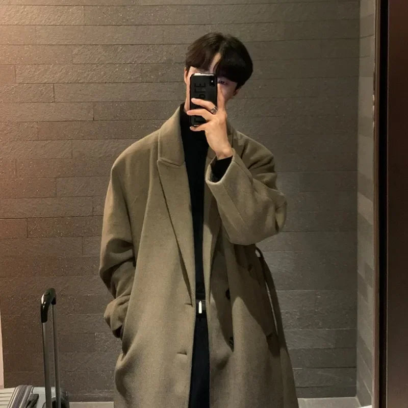 Korean Fashion Winter Jacket and Coat Men 2025 Mens Casual Thicken Wool Oversized Overcoat Male Streetwear Warm Belt Long Coats