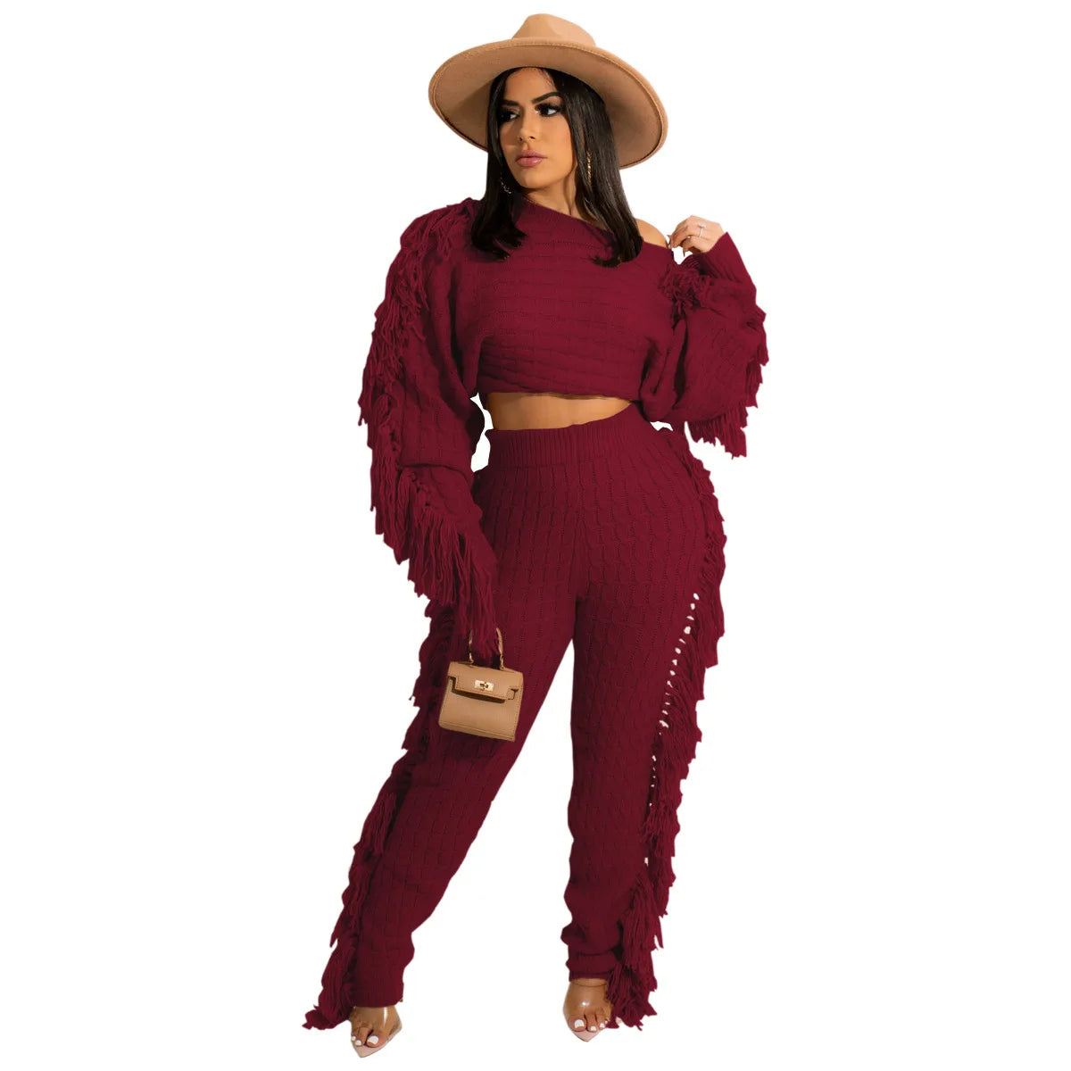 Women Sweater Knitted Pants Suit Knitting 2 Piece Set Pullover Top Trousers Ensemble Tassels Knitwear Outfits 2025 Autumn Winter