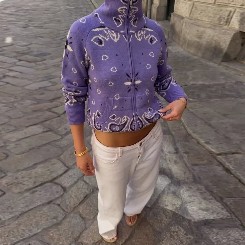 Casual Printed Knitted Women's Cardigan Long Sleeve Zippers Stand Collar Pocket Lady Sweater 2026 Autumn Chic Female Streetwear