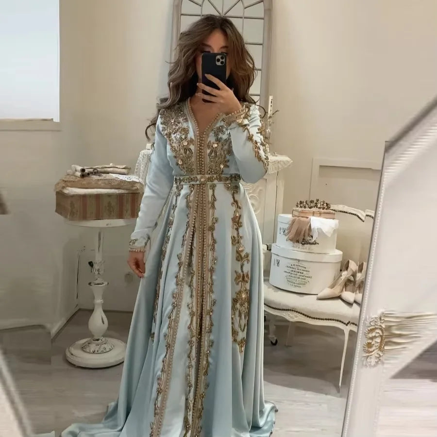 Sky Blue Moroccan Kaftan Caftan Muslim Evening Dresses Long Sleeves