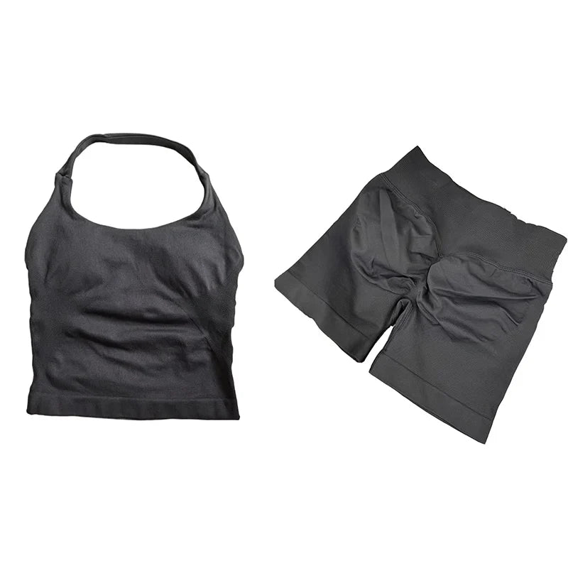Yoga Sets Women Gym Clothes Longline Strappy Top High Waist Shorts