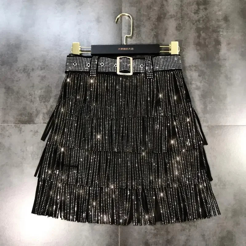 Women Skirt Autumn High Waist Belt Multi Layer Short Heavy Drilling