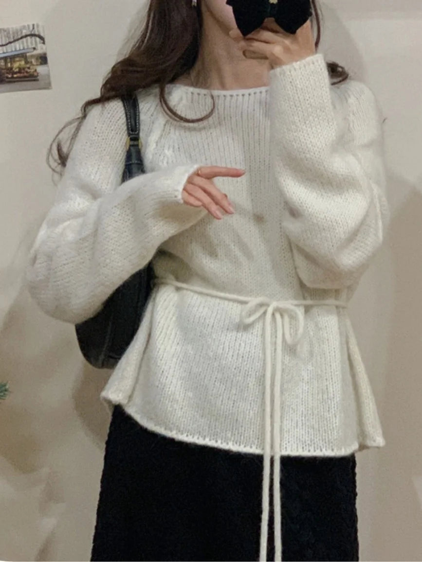 Slimming Knitted Sweater Women's Fashion Sweet Style Belted Waist One-Shoulder Winter New Soft Versatile Top Casual Streetwear