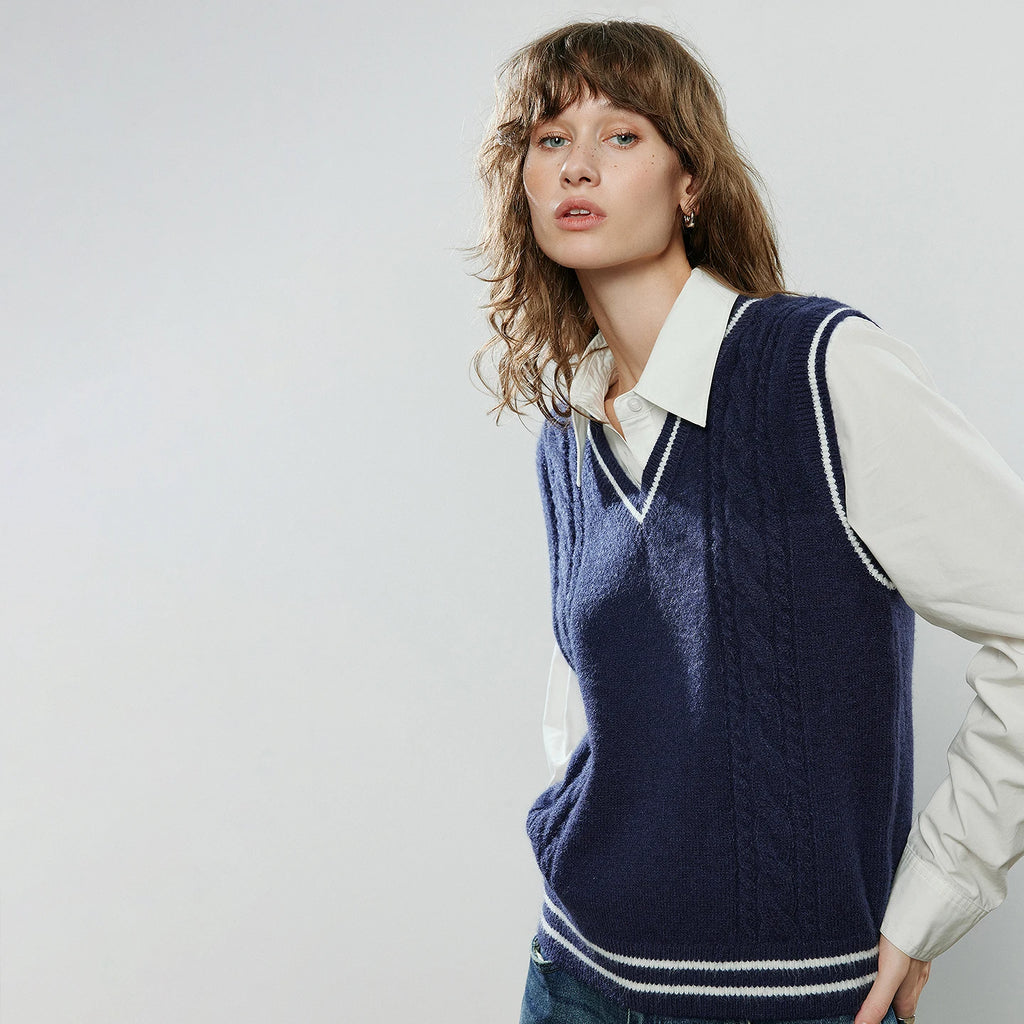 TOYOUTH Women Knitwear 2025 Winter New V-Neck Color-Block Weave Retro Cable Knit Vest Tops