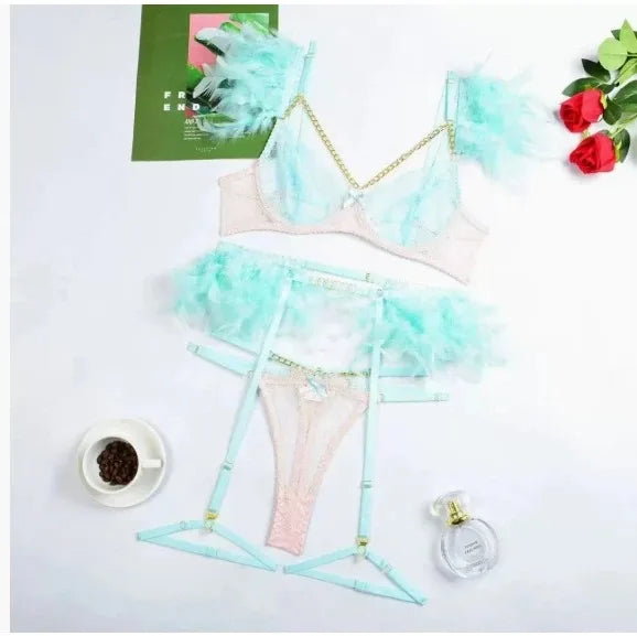 POPEYE Woman Bra Underwear 3 Pieces Erotic Lace Embroidery Feather
