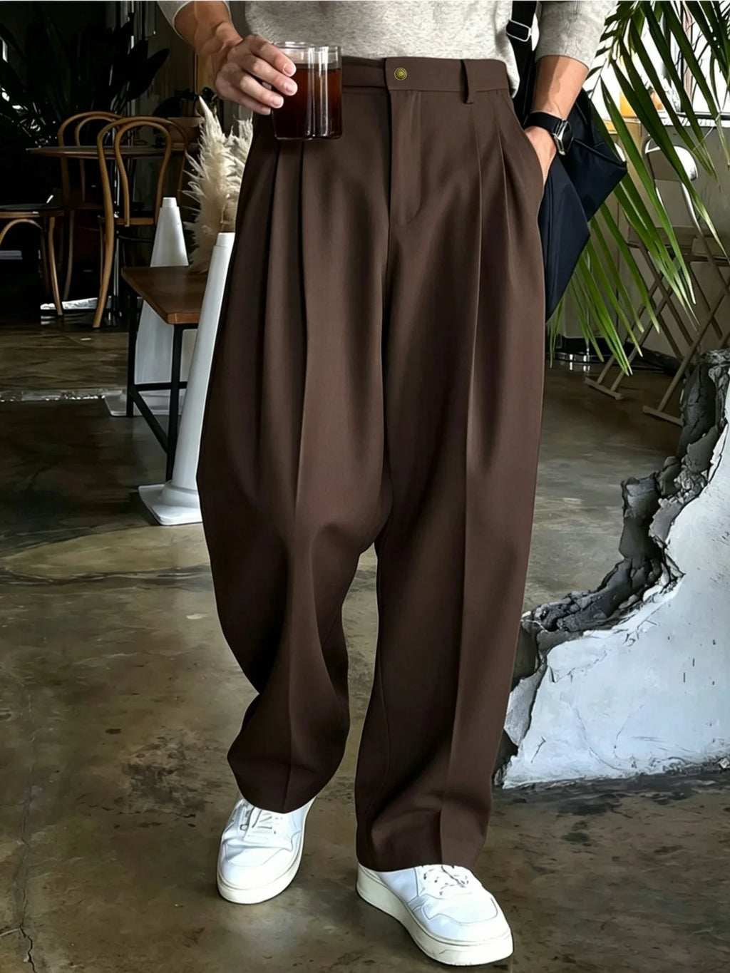 Classic solid color trousers with a versatile drape, men's business casual pants with active pleats, men's wide-leg pants, K-pop