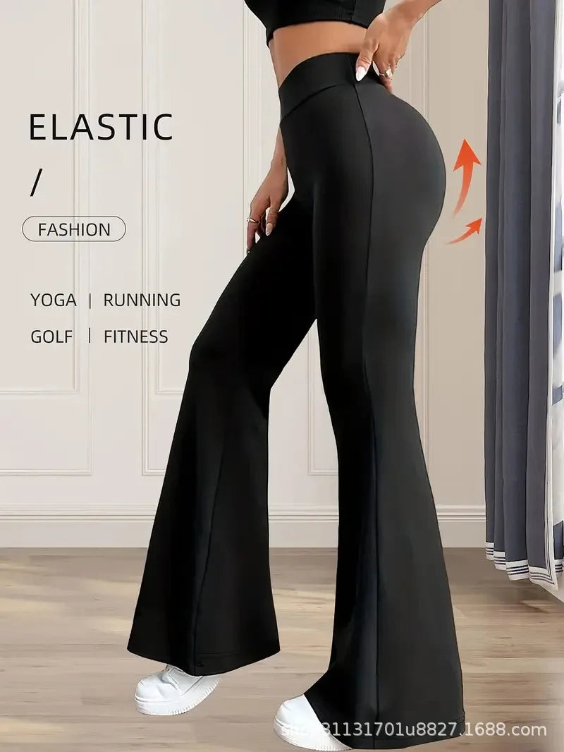 Women's high-waisted, slimming, drapey horseshoe sharkskin pants, micro-flared yoga pants, extended length