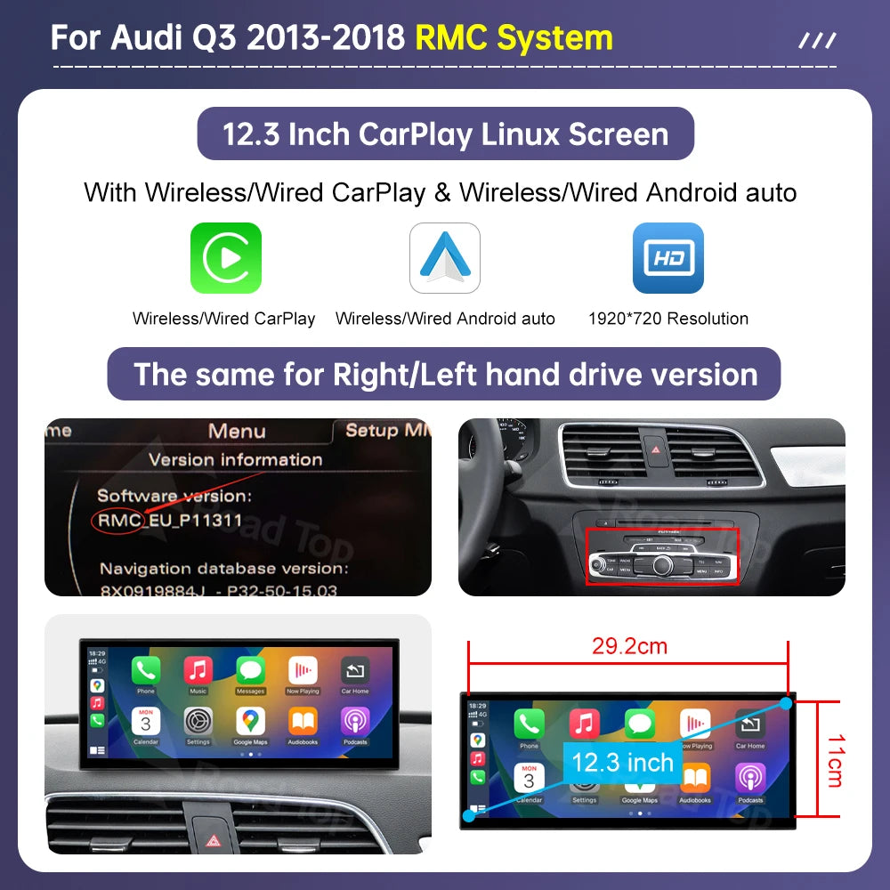 Road Top 12.3" Linux Screen Multimedia For Audi Q3 2013-2018 Wireless