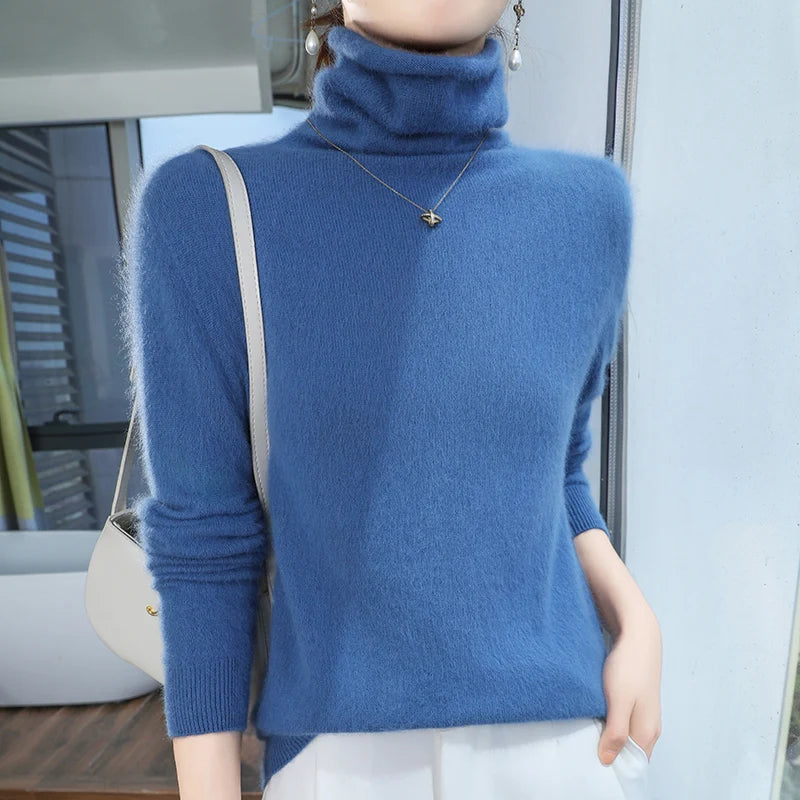 100% Pure Mink Cashmere Knitted Pullovers Women High-Neck Loose Large-size Sweater Casual Warm Tops Autumn and Winter Base Shirt