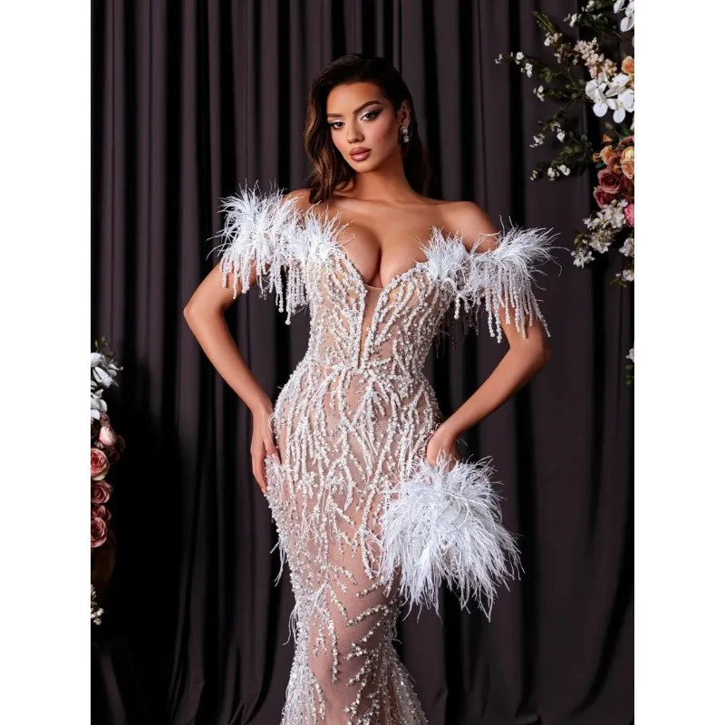 Off The Shoulder Evening Dresses Feathers Sequined Lace Prom Dress