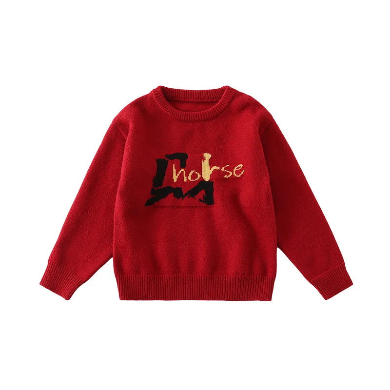 New Year Knitwear Family Set for 3-4 People Celebration Outfit Kids Red Fortune Design Lucky Pattern Sweater Jeans Warm Winter