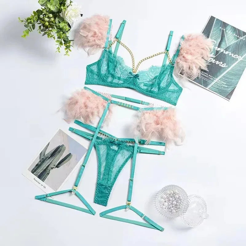 POPEYE Woman Bra Underwear 3 Pieces Erotic Lace Embroidery Feather