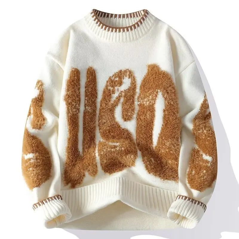 Loose Fit Thickened round Neck Knitwear Men's Winter Sweater Fashionable Streetwear Brand Tagkita Polyester Long Sleeve Crew ...