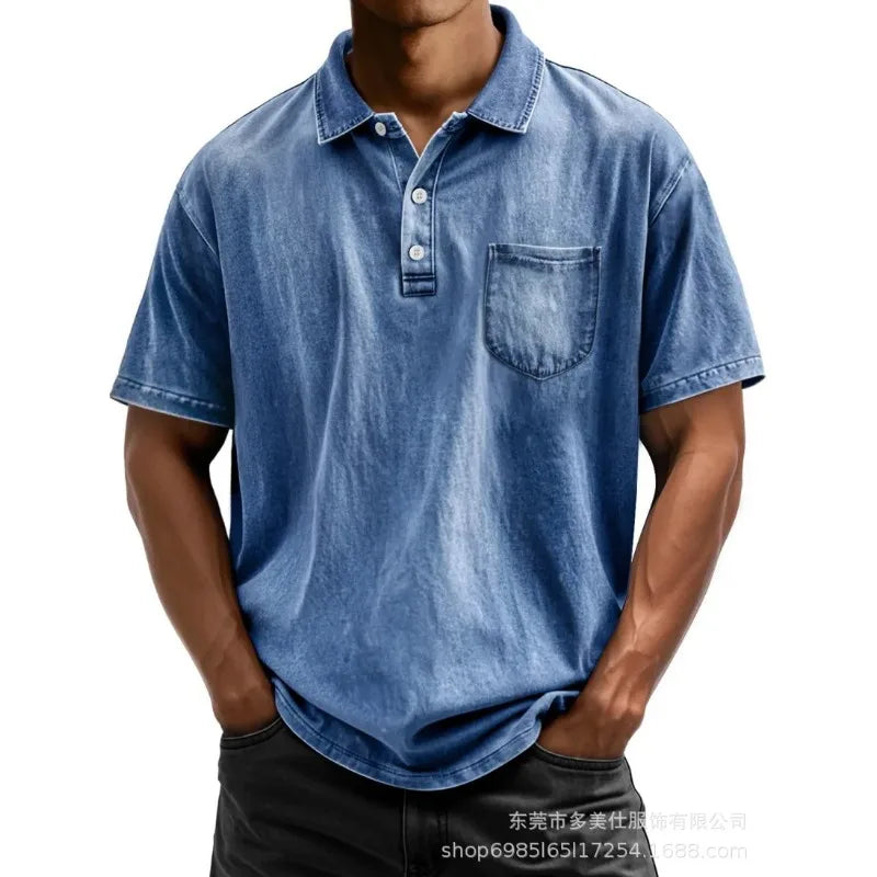 Men Pure Cotton Casual Short Sleeve Polo Shirt Button Turn-down Collar Shirt With Pocket