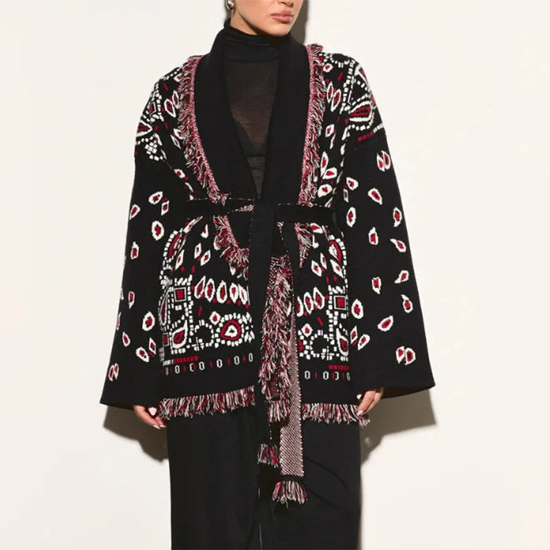 Tassel Patchwork Printed Cardigan Women Geometric Patterns Belts V-neck Long Sleeve Knitted Street Lady Sweater 2025 Autumn Coat