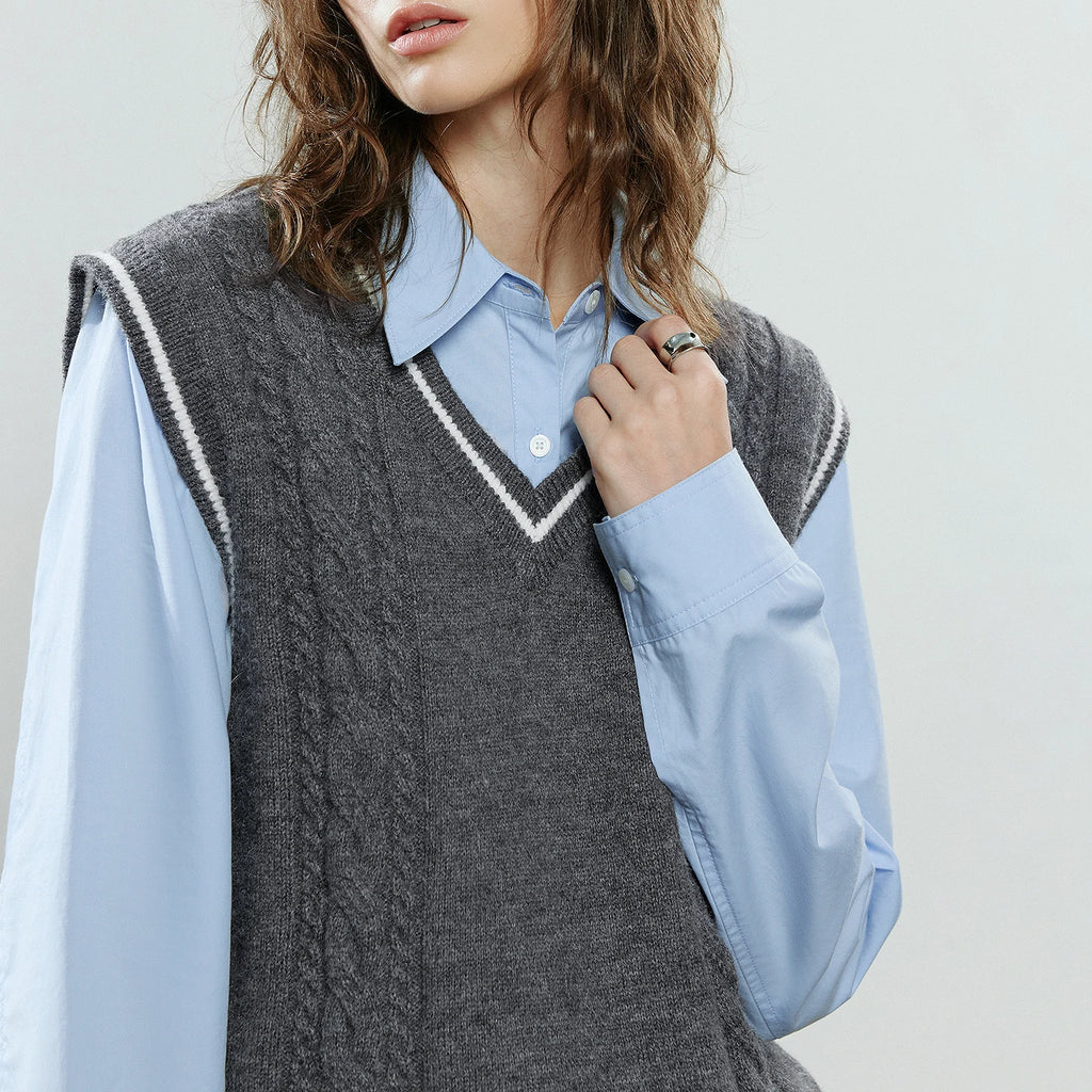 TOYOUTH Women Knitwear 2025 Winter New V-Neck Color-Block Weave Retro Cable Knit Vest Tops