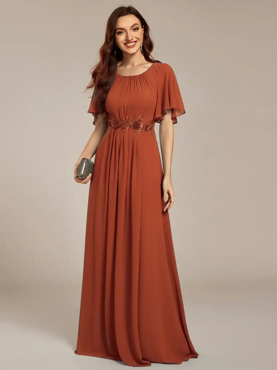 Evening Dresses Short Sleeves Pleated Applique Floor-Length Ever Pretty