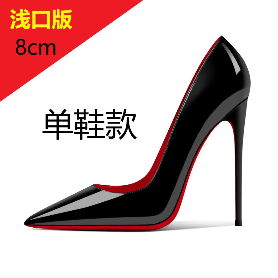 Patent leather 12cm black high heels, ultra-shallow opening, thin heel, sexy pointed toe, large size, single shoes, women's