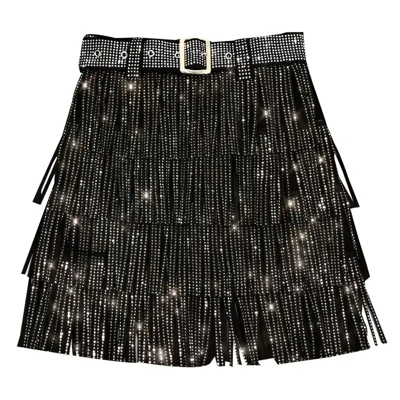 Women Skirt Autumn High Waist Belt Multi Layer Short Heavy Drilling