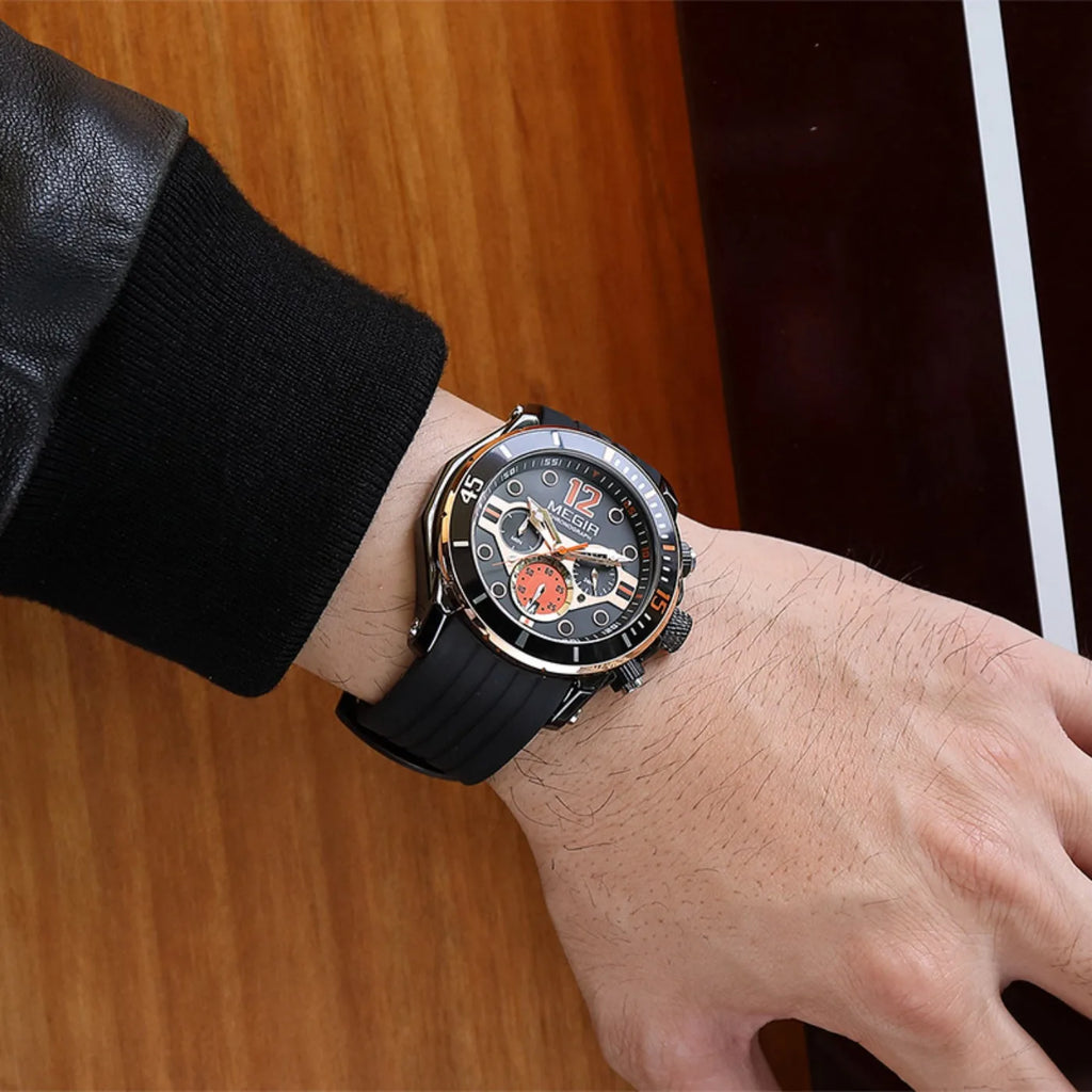 MEGIR Chronograph Watches for Men Fashion Military Sport Silicone Strap Wristwatch with Auto Date Waterproof Quartz Watch Часы