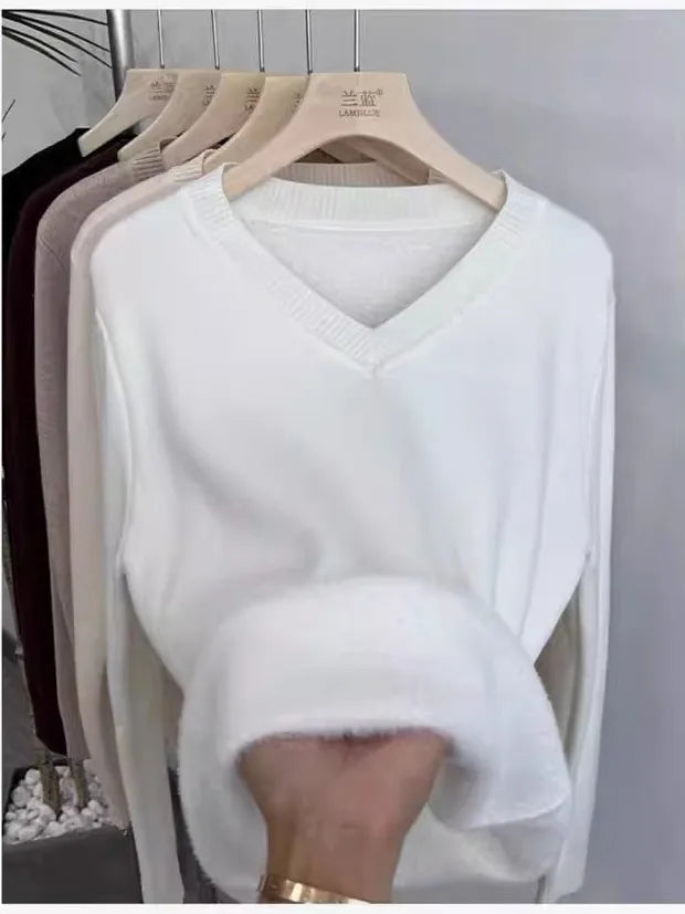 Thickened Fleece V-Neck Long Sleeve Women's Knitwear Autumn Winter Warm Soft Mink Velvet Slim Fit Crew Neck Pullover Top