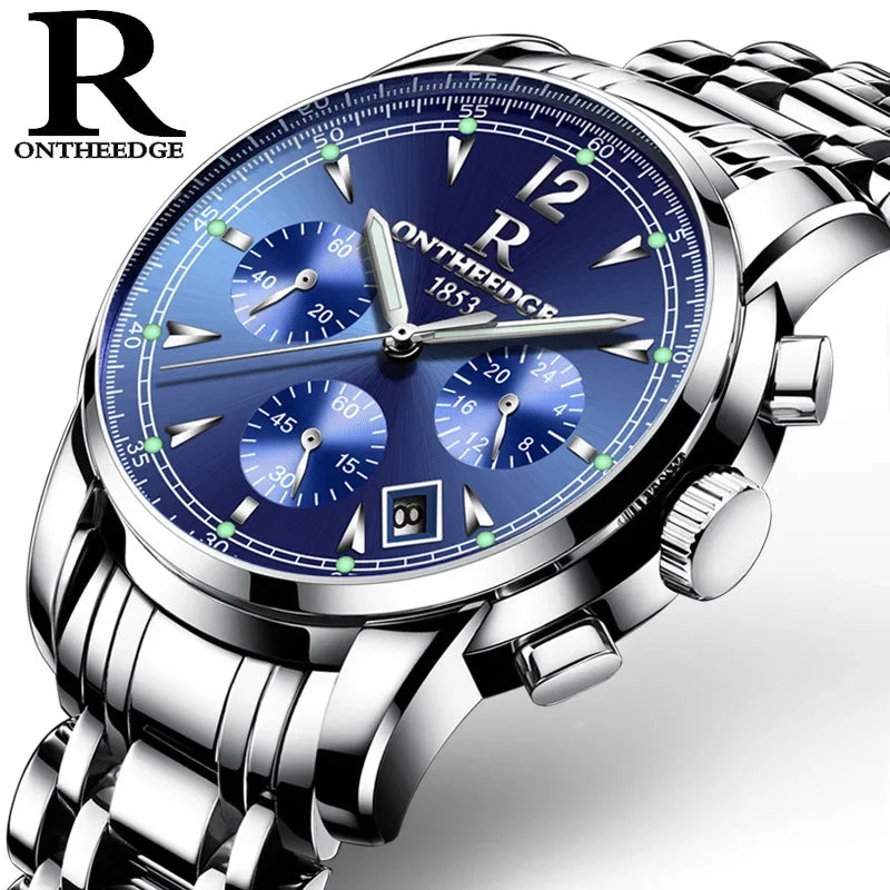 ONTHEEDGE Mens Watches Top Brand Luxury Business Quartz Watch Men All Steel Blue Face Waterproof Chronograph Relogio Masculino