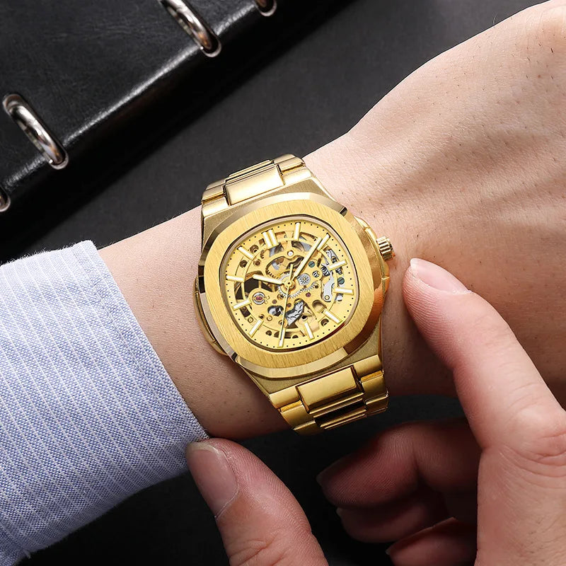 Men Watch Fully Automatic Mechanical Male Watches Double Sided Hollowed Out Luminous Waterproof Alloy Steel Wristwatch Boy Gifts