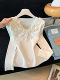 Heavy Embroidery Lace Beaded Knitwear V-Neck Long Sleeve Women's Fashion Slim Fit Base Shirt Autumn Season Polyester Fiber