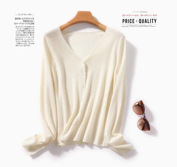 Wearable in All Seasons, 100% Superfine Worsted Wool Knitwear for Women, V Neck Long-Sleeved Cardigan Jacket, Simple Commuter Thin Outerwear, Short Style