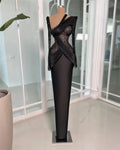 Black Dubai Evening Dresses Long Sleeves Beads Pleats Formal Prom