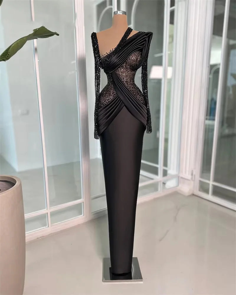 Black Dubai Evening Dresses Long Sleeves Beads Pleats Formal Prom