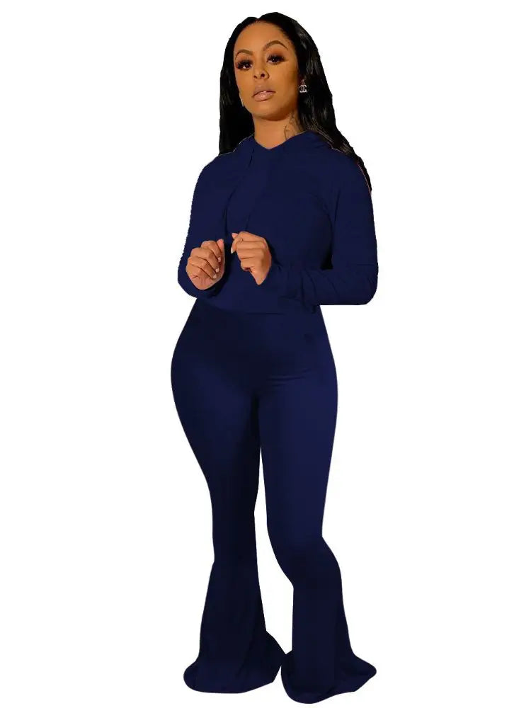 Active Wear Women'S Set Hooded Tops Wide Leg Flare Bell Bottom Pants