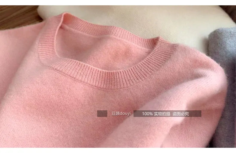 100% pure wool undershirt women's autumn and winter round-neck sweater loose high-end knitted pullover top women