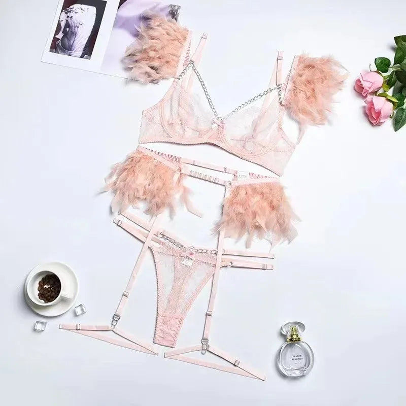 POPEYE Woman Bra Underwear 3 Pieces Erotic Lace Embroidery Feather