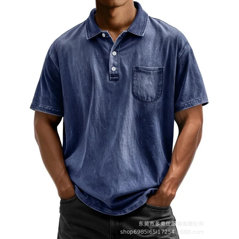 Men Pure Cotton Casual Short Sleeve Polo Shirt Button Turn-down Collar Shirt With Pocket