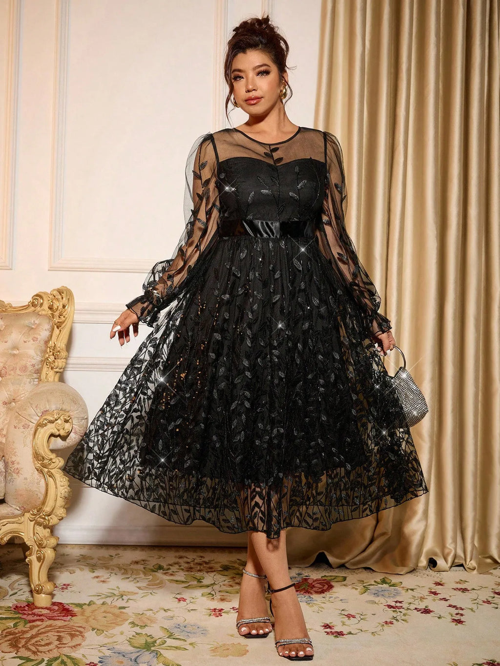 Sophisticated Dinner Dress With Sheer Sleeves And Sparkling Details For