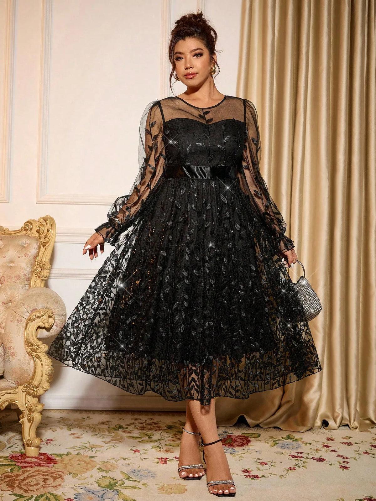 Sophisticated Dinner Dress With Sheer Sleeves And Sparkling Details For