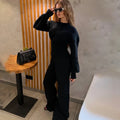 Women Knitwear 2-Piece Set Solid Crew Neck Long Sleeve Slim Waist Ribbed Sweater Top High Waist Wide Leg Pants Casual Set